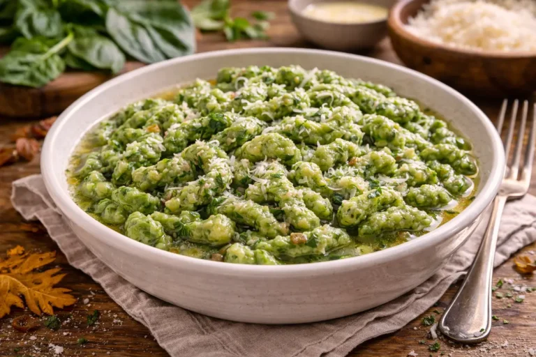 Spätzle di spinaci con speck e panna