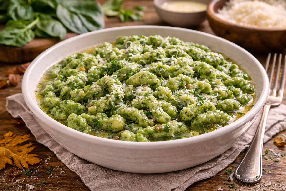 Spätzle di spinaci con speck e panna