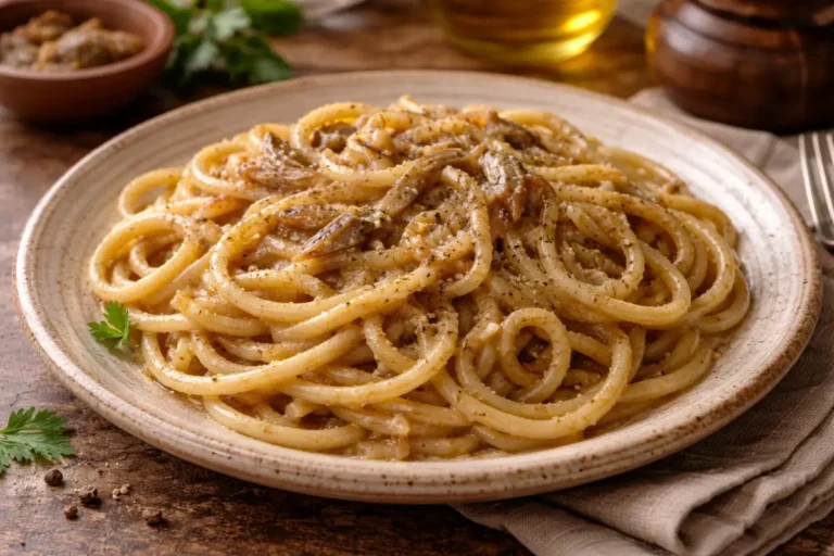 Bigoli in salsa pasta with anchovies and onions Venetian recipe