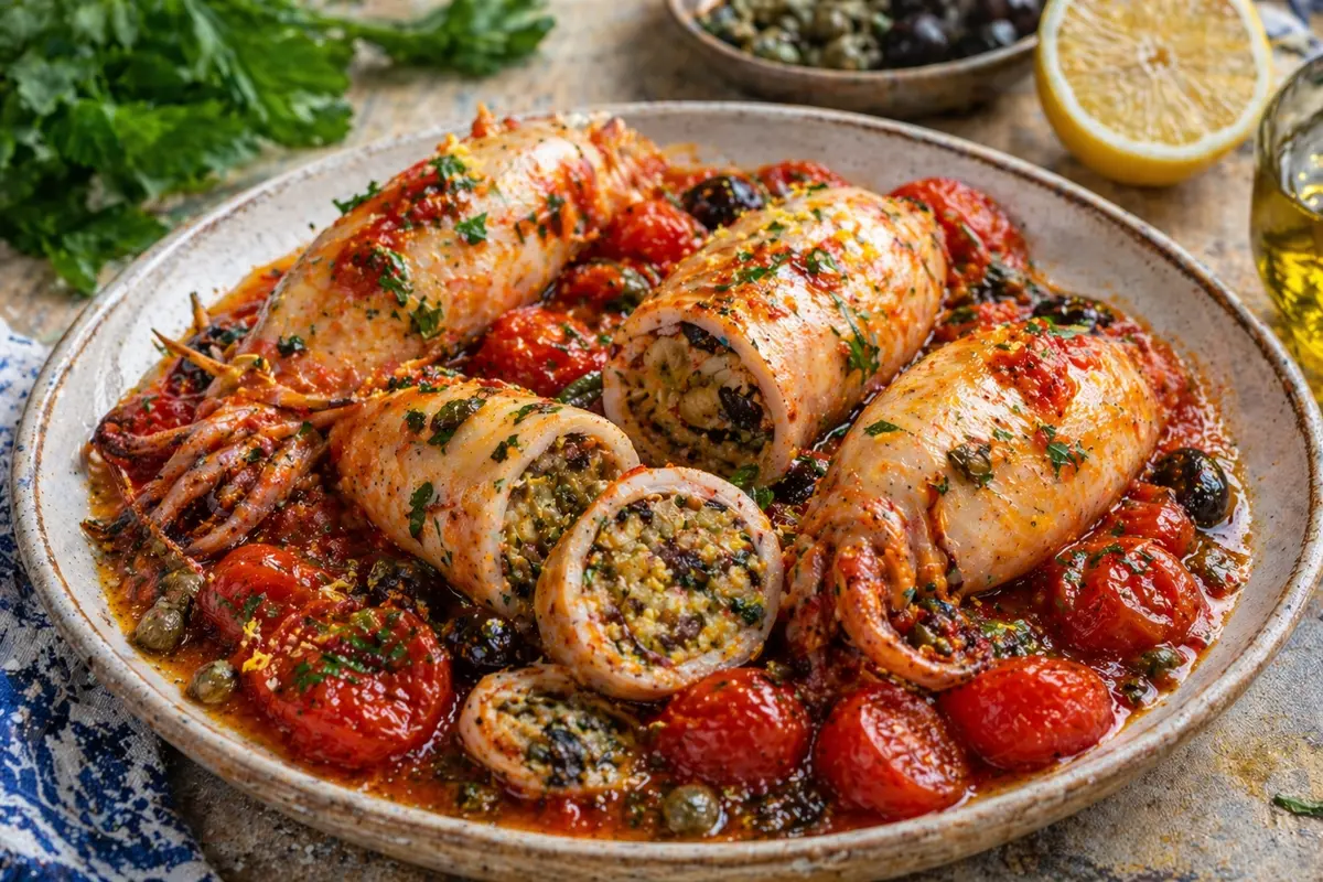 Rustic Mediterranean stuffed squid dish
