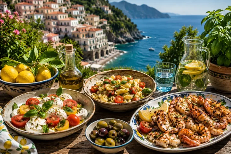 Mediterranean dining table overlooking the Italian coastline with fresh seafood, pasta, tomatoes, mozzarella, olives and seasonal ingredients.