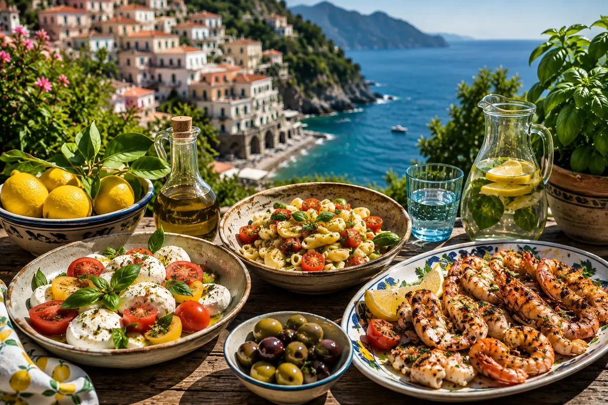 Mediterranean dining table overlooking the Italian coastline with fresh seafood, pasta, tomatoes, mozzarella, olives and seasonal ingredients.