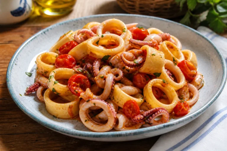 Calamarata pasta with squid rings and cherry tomatoes served on a rustic ceramic plate