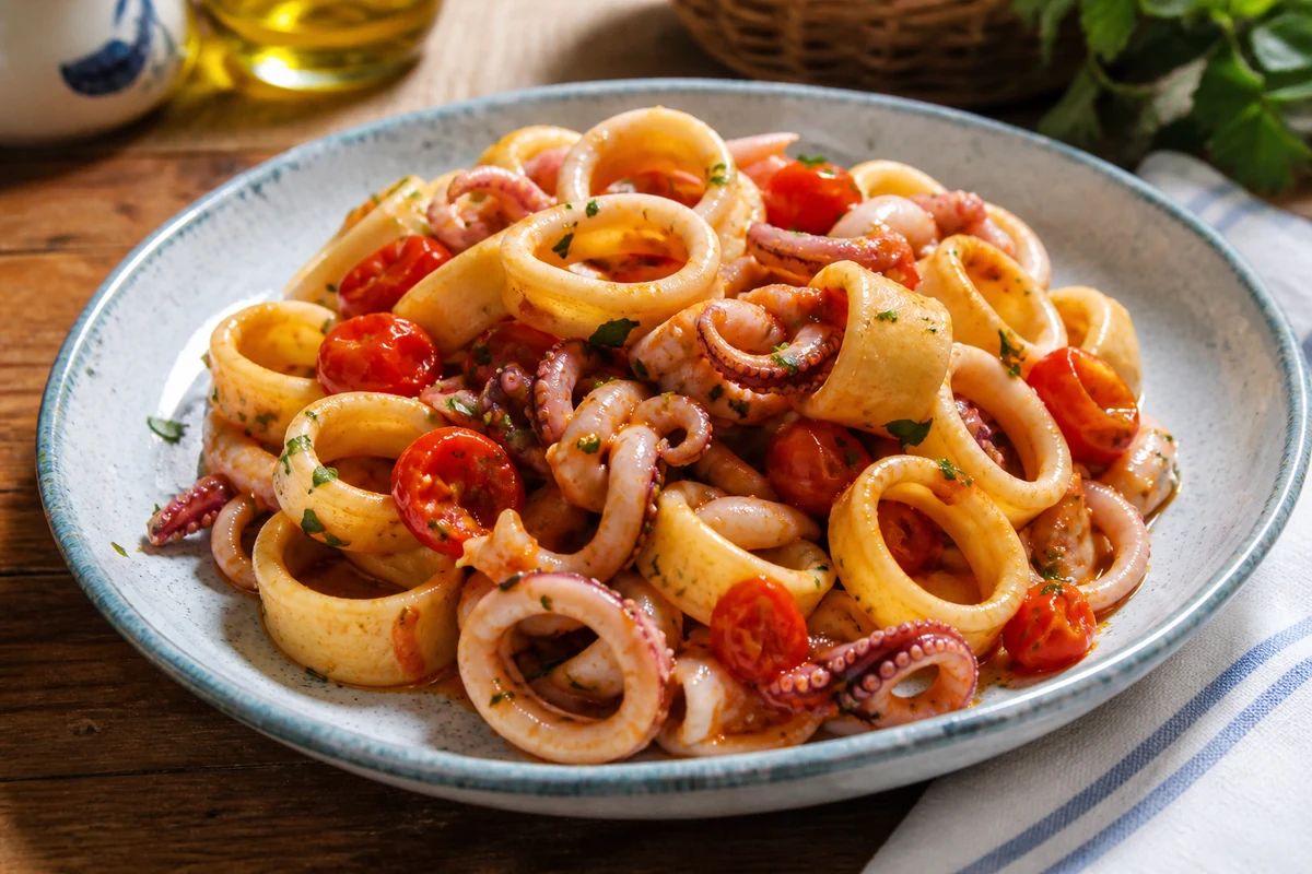 Calamarata pasta with squid rings and cherry tomatoes served on a rustic ceramic plate