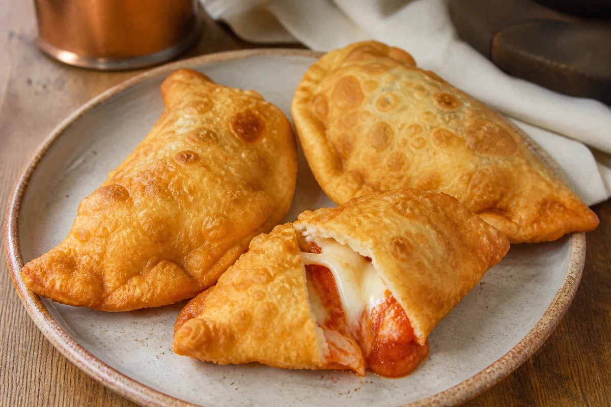 Fried panzerotti filled with tomato and mozzarella served hot on a rustic ceramic plate