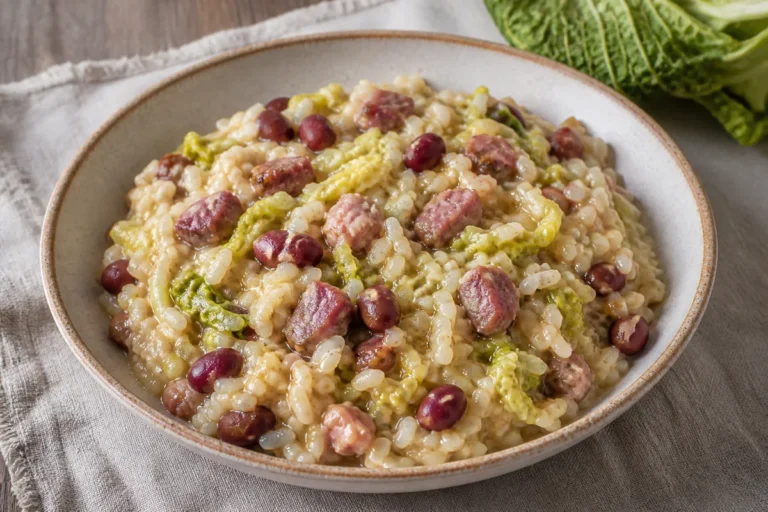Paniscia alla novarese with creamy rice, borlotti beans, cabbage and pieces of salame d'la duja.