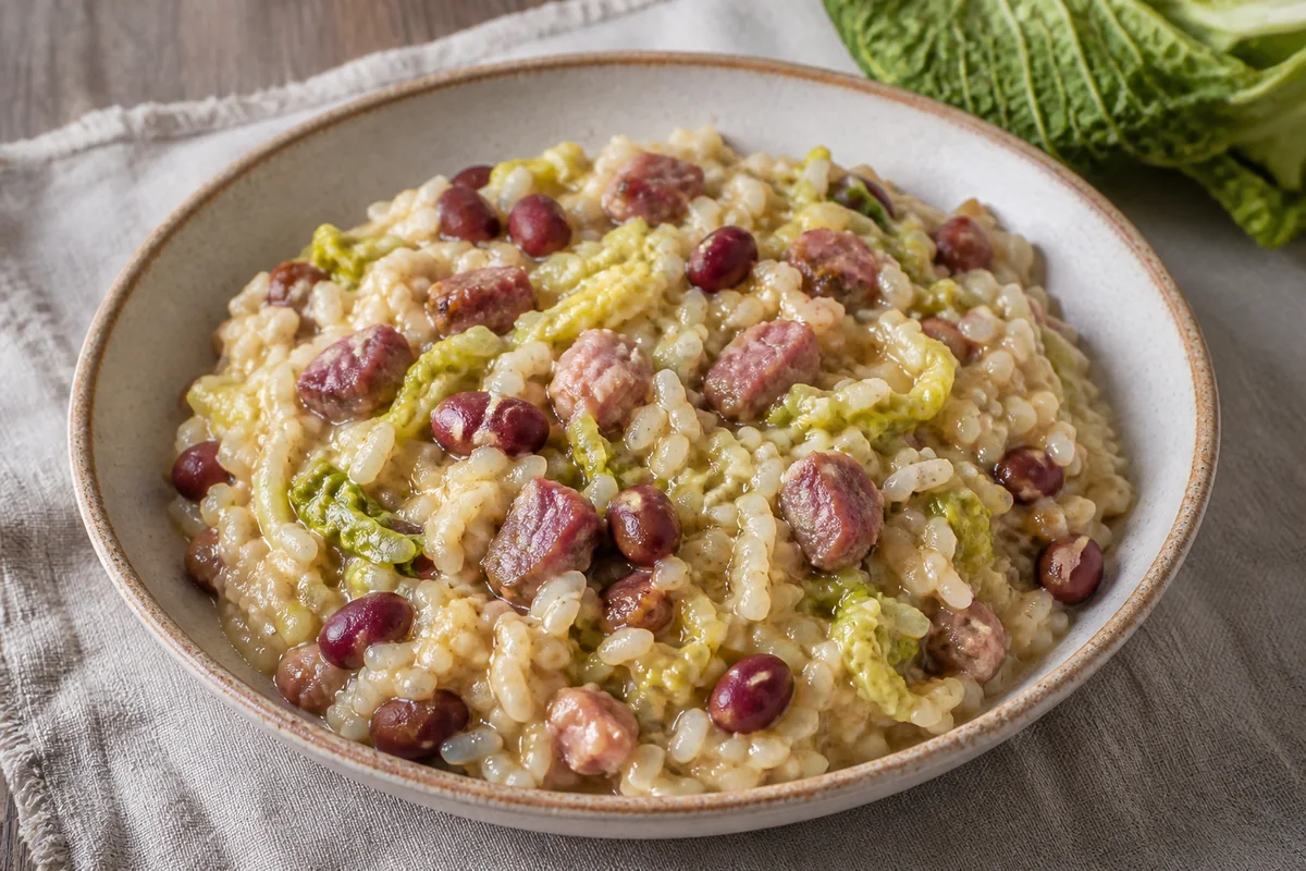 Paniscia alla novarese with creamy rice, borlotti beans, cabbage and pieces of salame d'la duja.