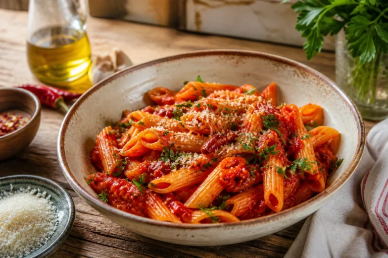 Penne all'arrabbiata with spicy tomato sauce, parsley and pecorino romano