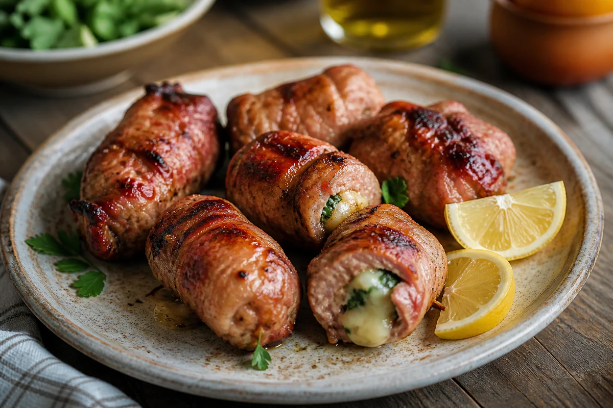 Bombette pugliesi grilled pork rolls filled with cheese and herbs served with lemon