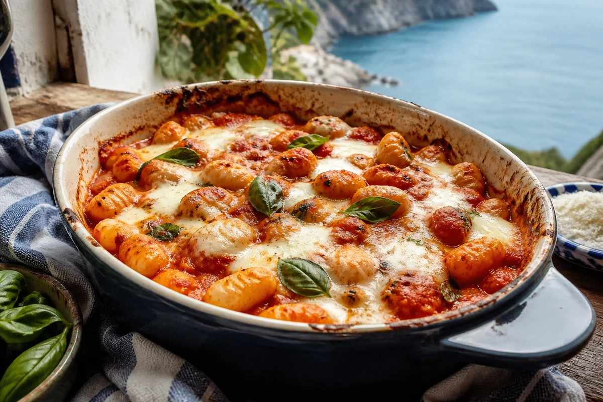 Gnocchi alla sorrentina baked with tomato sauce mozzarella and basil