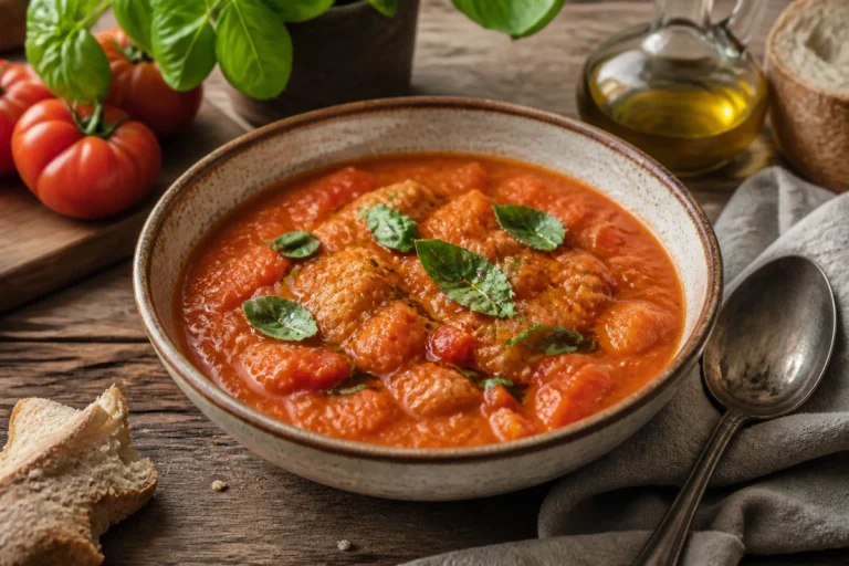 Pappa al pomodoro served in a rustic bowl with basil olive oil tomatoes and bread