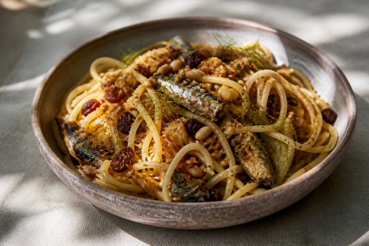Pasta con le sarde Sicilian pasta with sardines fennel raisins pine nuts and breadcrumbs