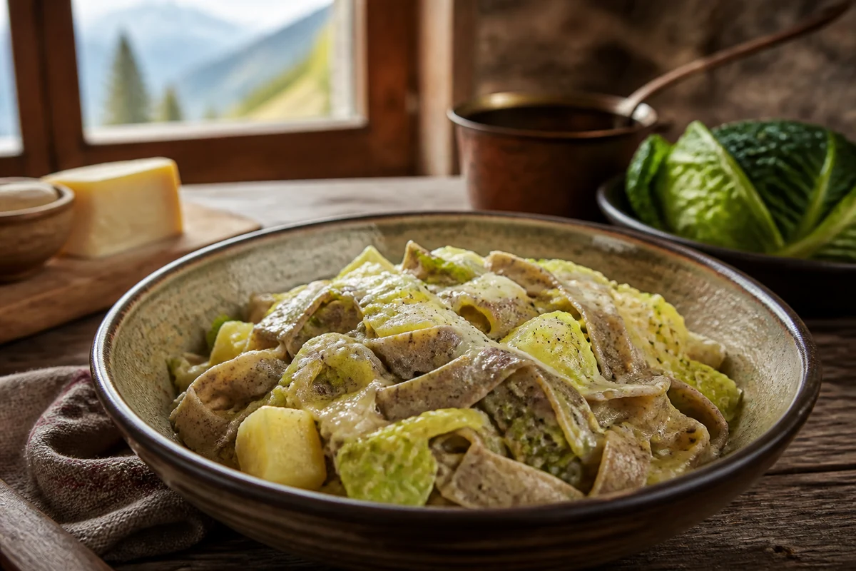 Pizzoccheri alla valtellinese with buckwheat pasta cabbage potatoes and melted cheese