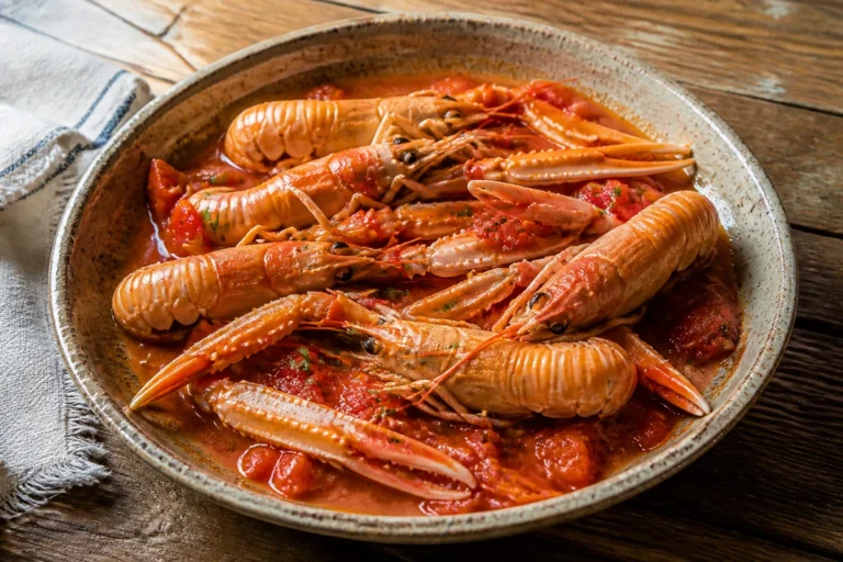 Scampi alla busara in tomato sauce served in a rustic ceramic dish