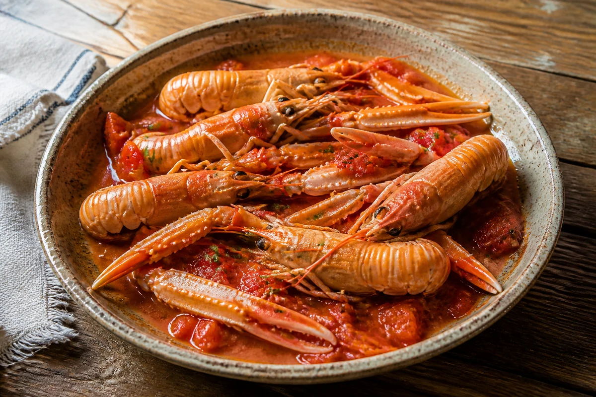 Scampi alla busara in tomato sauce served in a rustic ceramic dish