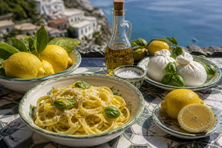 Amalfi lemon pasta with fresh lemons burrata basil and olive oil by the sea