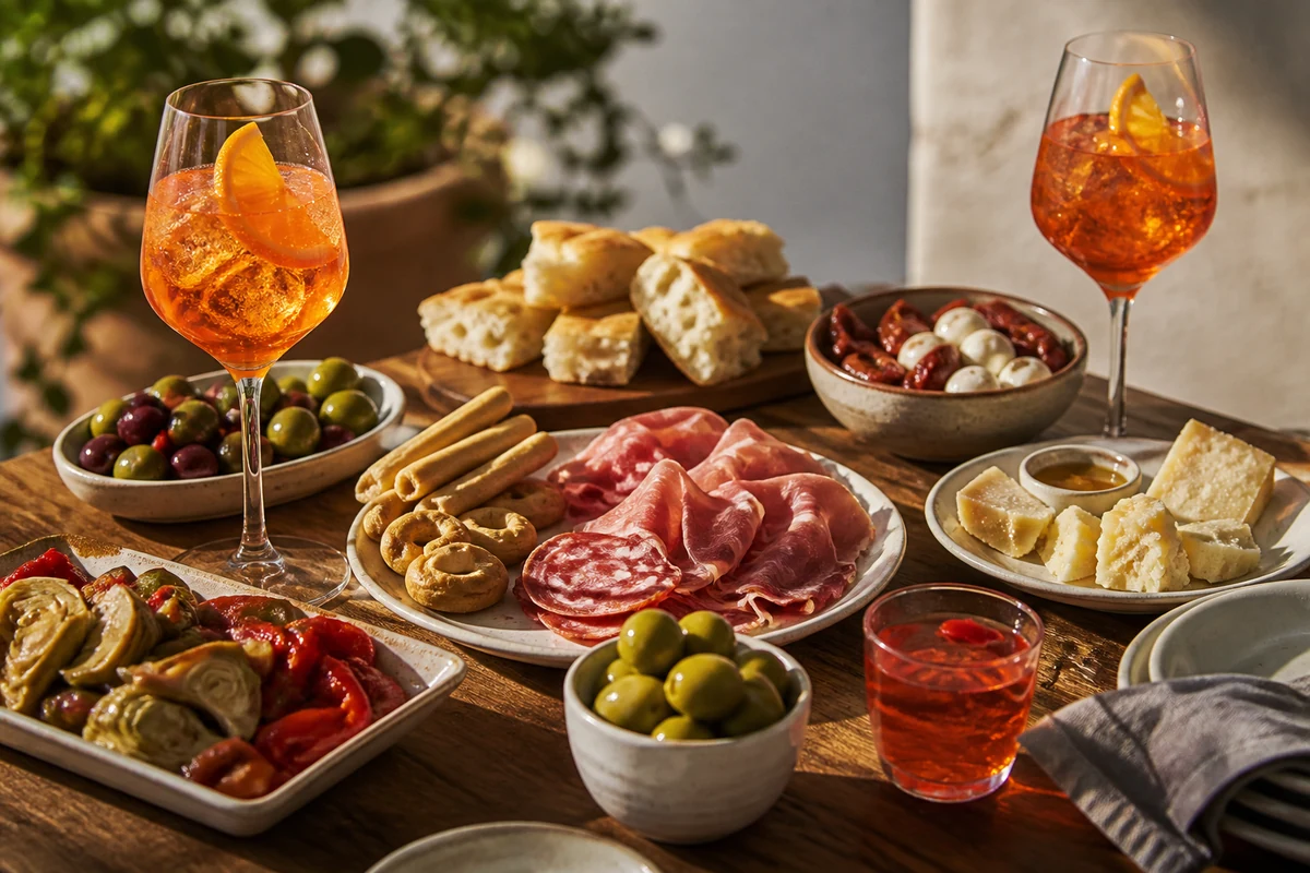 Italian aperitivo at home with focaccia olives cheese cured meats vegetables and orange drinks