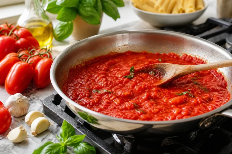 Italian tomato sauce simmering in a pan with basil garlic olive oil and fresh tomatoes