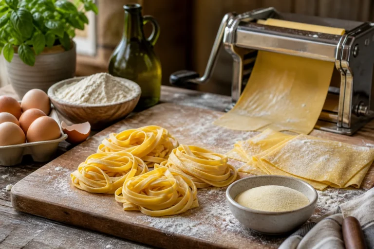Fresh pasta being rolled in an Italian kitchen with eggs flour and tagliatelle nests