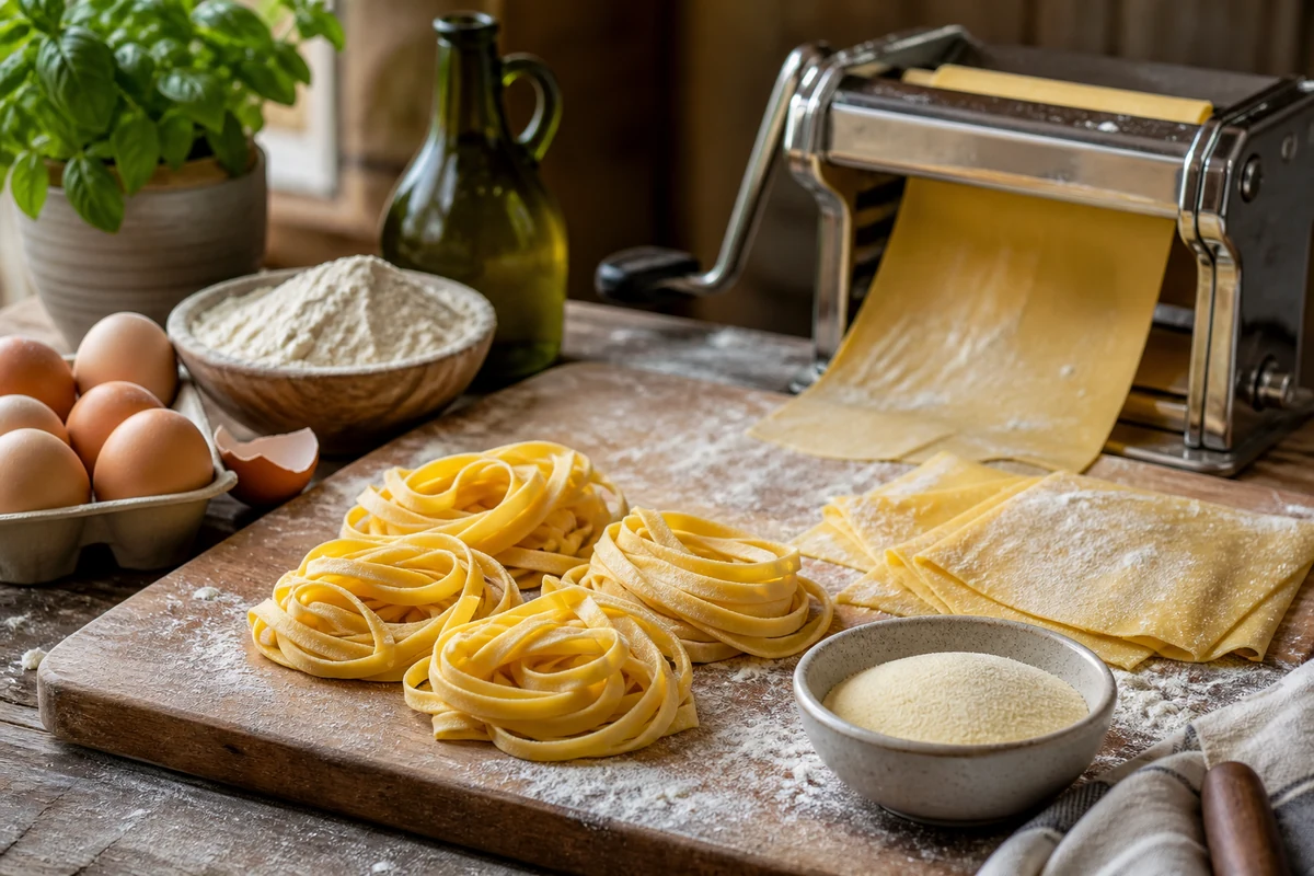 Fresh pasta being rolled in an Italian kitchen with eggs flour and tagliatelle nests