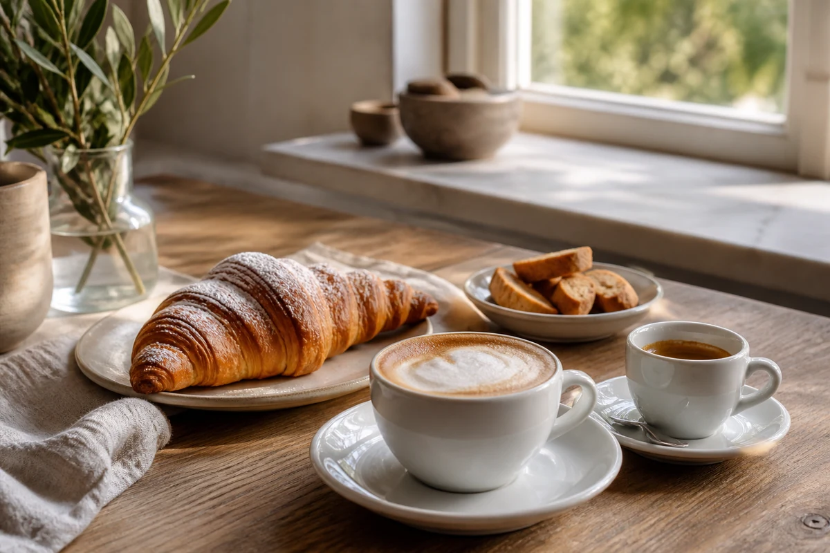 Italian breakfast at home with cappuccino espresso cornetto biscotti and morning light