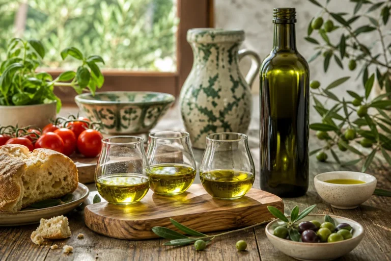 Italian olive oil tasting with bread tomatoes herbs and small glasses on a wooden table