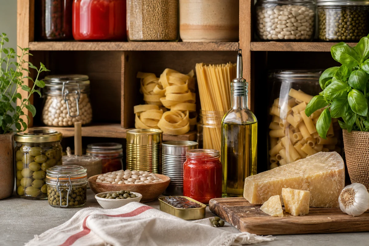 Italian pantry staples including pasta canned tomatoes beans capers anchovies garlic and olive oil