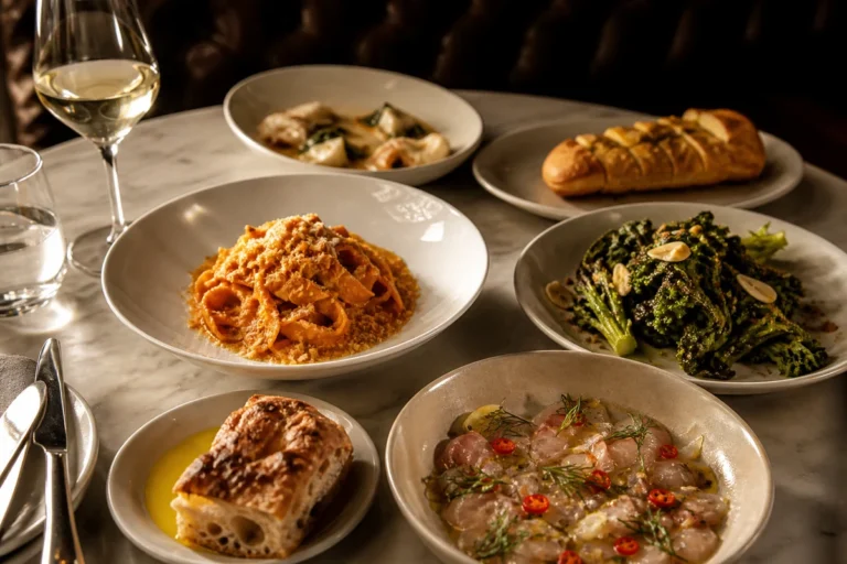 Italian restaurant sharing table with pasta seafood vegetables focaccia and wine