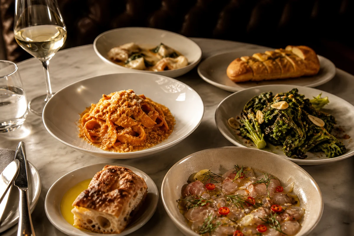 Italian restaurant sharing table with pasta seafood vegetables focaccia and wine