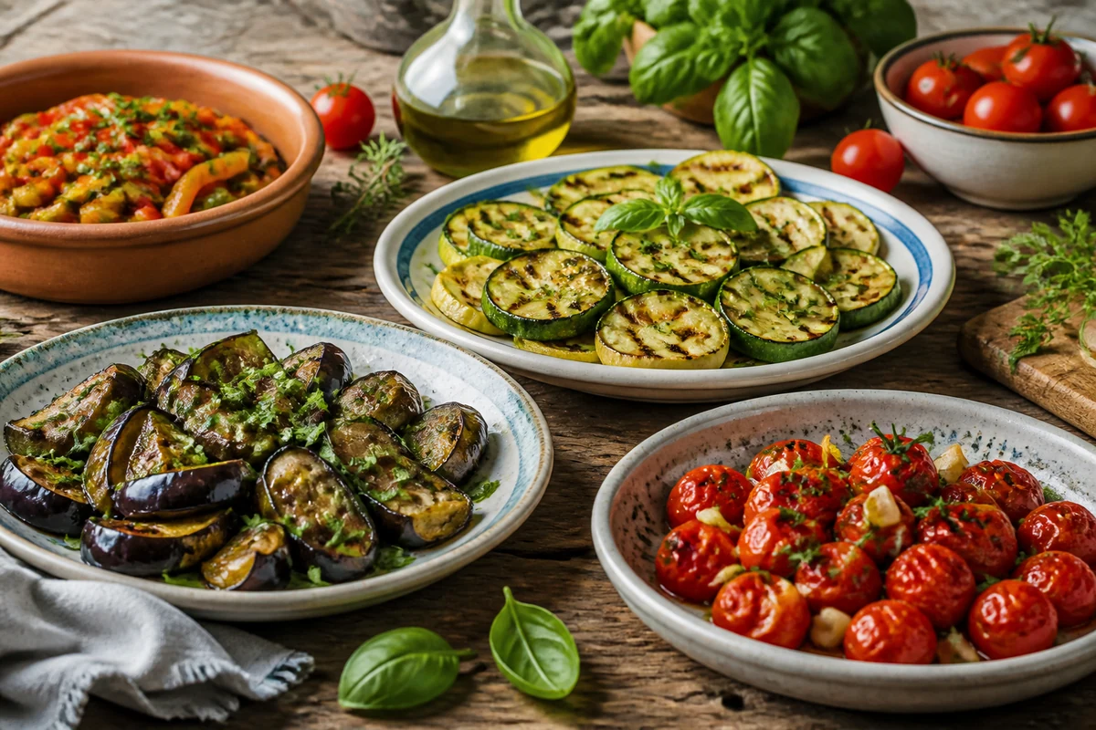 Italian vegetable side dishes with grilled zucchini eggplant peppers tomatoes herbs and olive oil