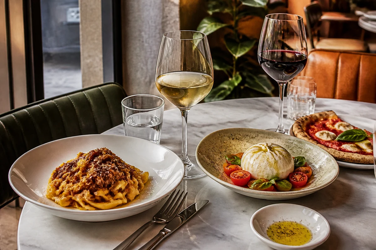 Modern Italian restaurant table in London with pasta, burrata, pizza and wine