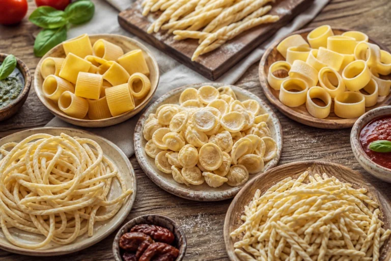 Regional Italian pasta shapes including orecchiette trofie paccheri calamarata busiate and pici