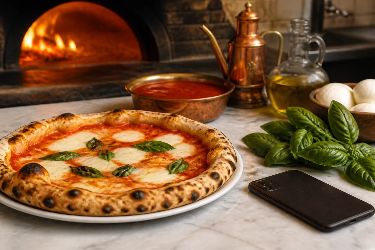 Neapolitan pizza beside tomato sauce mozzarella basil olive oil and a phone