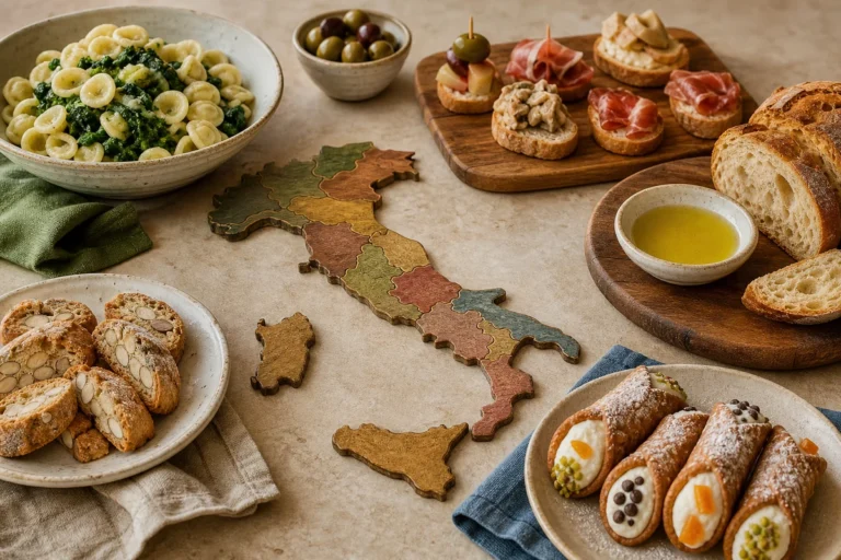 Regional Italian foods from Puglia Veneto Tuscany and Sicily arranged around an Italy map