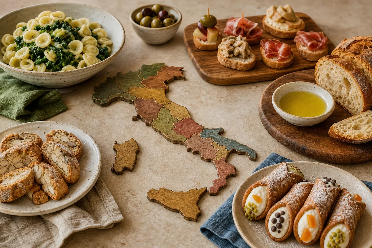Regional Italian foods from Puglia Veneto Tuscany and Sicily arranged around an Italy map