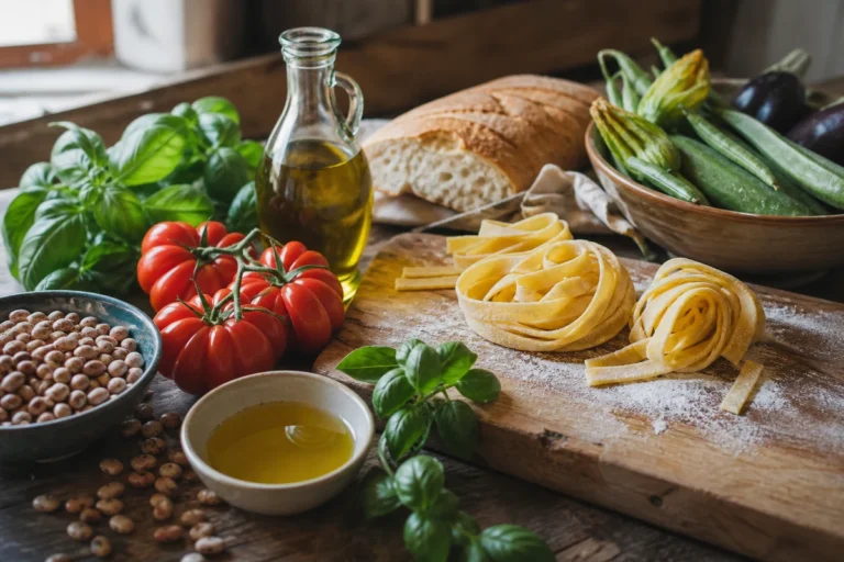 Simple Italian ingredients with tomatoes basil olive oil pasta bread beans and seasonal vegetables