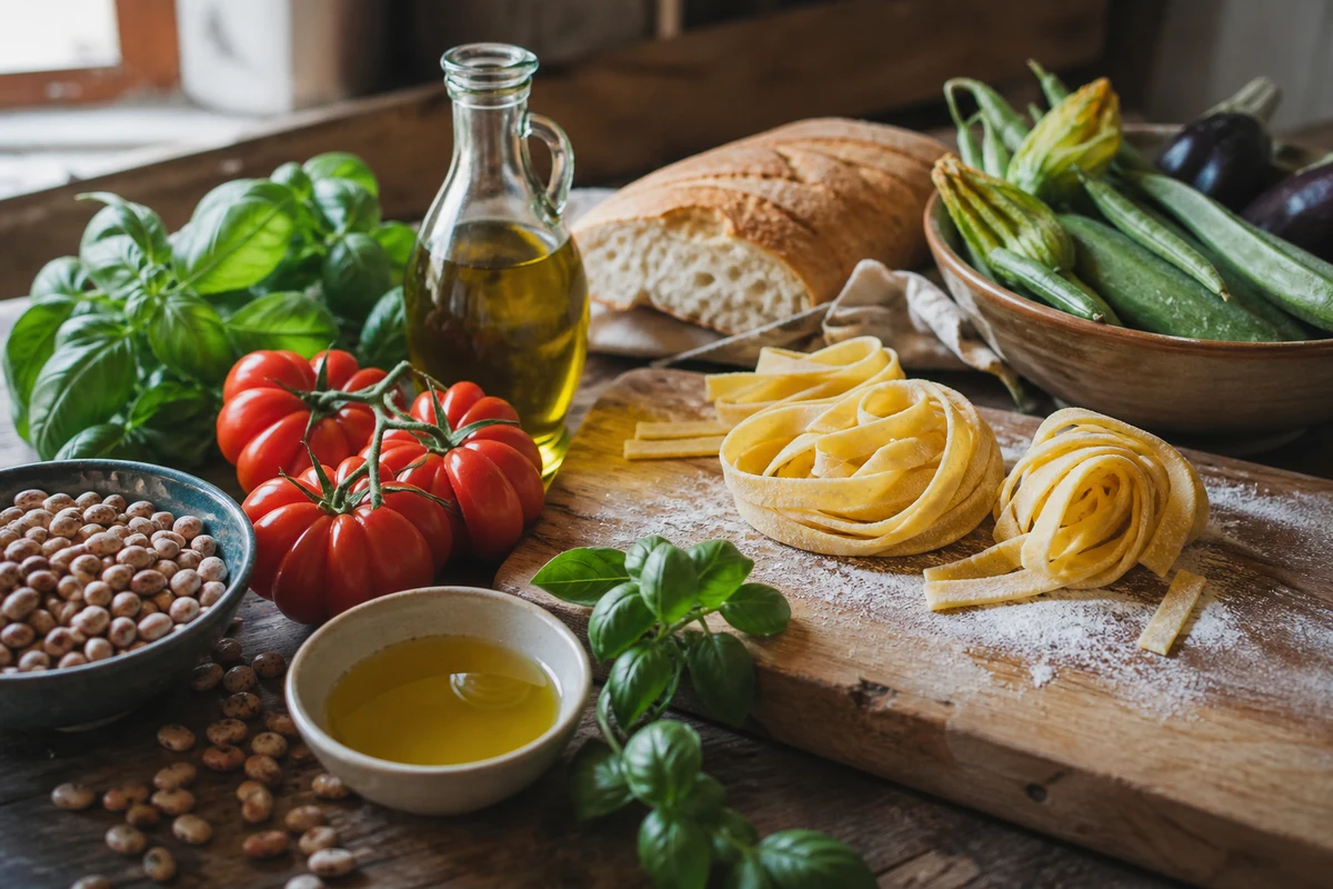 Simple Italian ingredients with tomatoes basil olive oil pasta bread beans and seasonal vegetables
