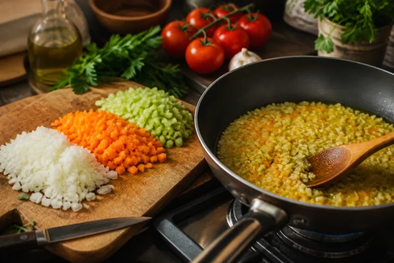Onion carrot and celery being cooked gently in olive oil for Italian soffritto